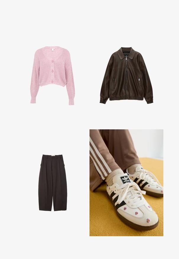 Braune Lederbomberjacke mit kragenartigem Hals, zwei Reißverschlusstaschen, elastischem Bund und strukturiertem Finish. Weiches, lässiges Design.; Rosa, verkürzter Cardigan mit V-Ausschnitt, langen Ärmeln und strukturiertem Strickmuster, ausgestattet mit vier vorderen Knöpfen und gerippten Bündchen.; Zwei langärmelige Rollkragenoberteile, eines weiß und eines schwarz, aus einem glatten, dehnbaren Stoff, beide mit schmalem Schnitt und hohem Kragen.; Schwarze weit geschnittene Hosen aus einem glatten Stoff, mit hoher Taille, Frontfalten und Seitentaschen. Schlichtes Design ohne Verzierungen.; Weiße Leder-Sneaker mit drei schwarzen Streifen und floralem Stickereien in Lila und Gelb. Braune Gummisohle. Kombiniert mit beigen gerippten Socken.