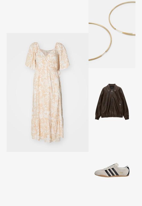 Ruskea nahkainen bomber-takki, jossa on kauluksellinen kaula-aukko, kaksi vetoketjullista taskua, elastinen vyötärö ja tekstuuri viimeistely. Pehmeä, rento muotoilu.; Maxi mekko vaalean persikanvärisestä kankaasta, jossa on valkoisia kukkakuoseja, lyhyet puffihihat, vyötäröltä kiristetty ja röyhelöhelma.; Tennarit mokkanahkaa harmaalla päällä, mustilla raidoilla ja kumipohjalla. Varustettu nauhakiinnityksellä ja kultaisella logo-yksityiskohdalla sivussa.; Kultaiset rengaskorvakorut, ohuet ja pyöreät, joissa on sileä metallipinta ilman koristeluja tai kuvioita.