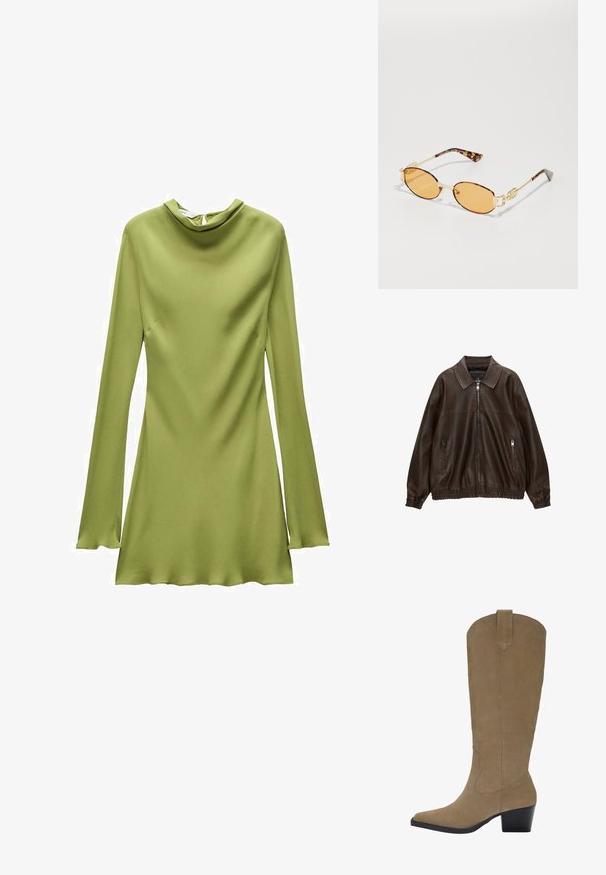 Jachetă bomber din piele maro, cu guler, două buzunare cu fermoar, talie elastică și finisaj texturat. Design moale, casual.; Mango Rochie de zi - khaki; Cizme din daim maro, până la genunchi, cu vârf ascuțit, toc cu grosime și detalii de cusătură pe laturi. Textură fină și design structurat.; Ochelari de soare ovali cu ramă din metal aurit, lentile portocalii și brațe cu model de țestoasă. Textură netedă și detalii distincte cu lanț.; Geantă de umăr din suede bej, cu un design lejer, având studs metalici pe față pentru detalii și o curea unică, lată.