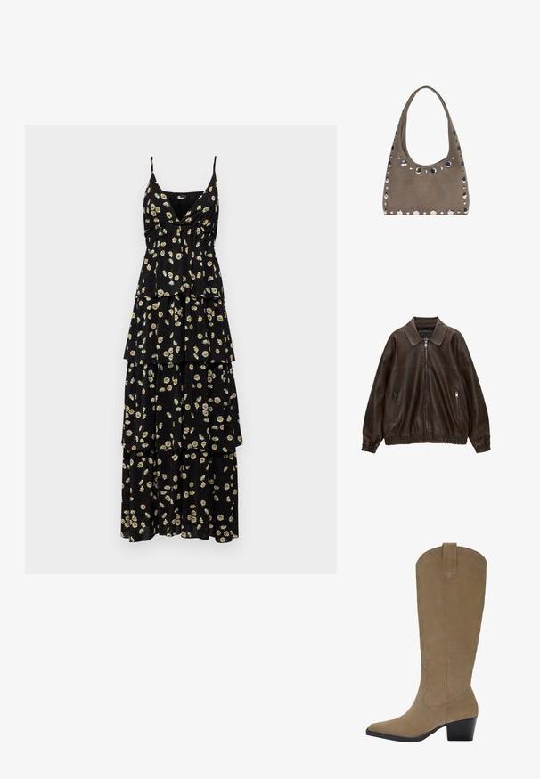 Jachetă bomber din piele maro, cu guler, două buzunare cu fermoar, talie elastică și finisaj texturat. Design moale, casual.; The Kooples ROBE - Rochie maxi - black/white; Cizme din daim maro, până la genunchi, cu vârf ascuțit, toc cu grosime și detalii de cusătură pe laturi. Textură fină și design structurat.; PULL&BEAR SHOPPER - Geantă de pânză - grey