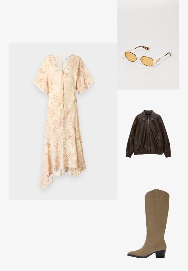 Smešani smeđi kožni bombarder s ovratnikom, dva zatvorena džepa s patentnim zatvaračem, elastičnom strukom i teksturiranom završnom obradom. Meka, ležerna izrada.; Kratke rukave, haljina s V-izrezom od svijetlo bež tkanine s apstraktnim koraljnim uzorkom, koja ima gumbe sprijeda i asimetričnu porub.; Bistre čizme do koljena od antilopa s šiljastim nosom, blok-petom i detaljima šivanja uz bokove. Glatka tekstura i strukturirani dizajn.; Ovalne naočale sa zlatnim metalnim okvirom, narančastim sočivima i ručkama u šarenom uzorku sličnom oklopu. Glatka tekstura i prepoznatljivo detaljno povezivanje. ; Smeđa torba od antilopa s labavim dizajnom, s metalnim zakovicama na prednjoj strani za detalj i jednim širokim remenom.