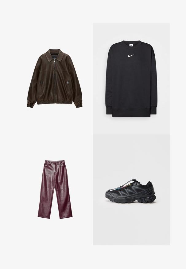 Hnedá kožená bombera s golierom, dvoma zipsovými vreckami, elastickým pásom a textúrovaným povrchom. Mäkký, ležérny dizajn.; Čierna mikina so zaobleným výstrihom, dlhými rukávmi a bielym logom Nike umiestneným na hrudi. Vyrobená z mäkkej, štruktúrovanej tkaniny.; Bordové kožené nohavice s širokými nohavicami a hladkou textúrou, s rozparkom na zips, prednými vreckami a prispôsobeným strihom.; Čierna atletická obuv s textúrovaným sieťovinovým zvrškom, vystuženou špičkou a rýchlozaviazaním. Obsahuje robustnú podrážku a mierne zdvihnutú pätu.