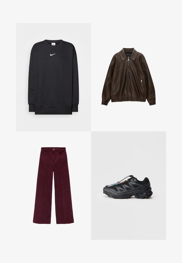 Brun läderbomberjacka med krage, två dragkedjefickor, elastisk midja och texturerad finish. Mjuk, avslappnad design.; Svart sweatshirt med rund hals, långa ärmar och en vit Nike-logotyp centrerad på bröstet. Tillverkad av mjukt, texturerat tyg.; Burgundy vida byxor med vida ben, tillverkade av mjukt bomullsblandat tyg, med framknappstängning, två sidofickor och en ren fåll.; Svart atletiska skor med ett texturerat meshinert, förstärkt tån och ett snabblåsningssystem. Har en robust sula och lätt hälhöjning.