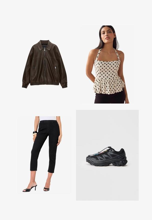 Hnedá kožená bombera s golierom, dvoma zipsovými vreckami, elastickým pásom a textúrovaným povrchom. Mäkký, ležérny dizajn.; Peplum top v krémovej tkanine s čiernymi bodkami, štvorcovým výstrihom a nastaviteľnými ramienkami. Má zberaný lem pre tvar.; Čierne deniminové skrátené nohavice s priliehavým strihom, stredne vysokým pásom a prednými vreckami. Hladká textúra s klasickým päťvreckovým štýlom.; Čierna atletická obuv s textúrovaným sieťovinovým zvrškom, vystuženou špičkou a rýchlozaviazaním. Obsahuje robustnú podrážku a mierne zdvihnutú pätu.