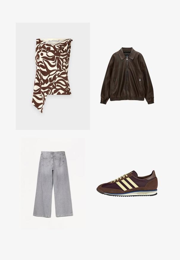 Hnedá kožená bombera s golierom, dvoma zipsovými vreckami, elastickým pásom a textúrovaným povrchom. Mäkký, ležérny dizajn.; Hnedý a krémový bezrukávový top v abstraktnom listovom vzore, s asymetrickým lemom, mäkkou textúrovanou tkaninou a drapovaním na pleci.; Bershka WIDE-LEG - Široké nohavice - grey; Hnedé a bordové tenisky z semišu a sieťoviny, s tromi krémovými pruhmi, textúrovanou tkaninou na jazyku a gumovou podrážkou.