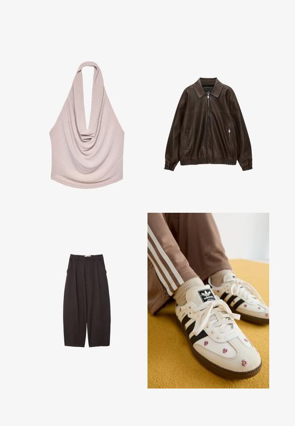 Braune Lederbomberjacke mit kragenartigem Hals, zwei Reißverschlusstaschen, elastischem Bund und strukturiertem Finish. Weiches, lässiges Design.; Drapiertes Haltertop aus cremefarbenem Strickstoff mit tiefem Ausschnitt und einer fließenden Silhouette sowie einer glatten Textur.; Schwarze weit geschnittene Hosen aus einem glatten Stoff, mit hoher Taille, Frontfalten und Seitentaschen. Schlichtes Design ohne Verzierungen.; Weiße Leder-Sneaker mit drei schwarzen Streifen und floralem Stickereien in Lila und Gelb. Braune Gummisohle. Kombiniert mit beigen gerippten Socken.