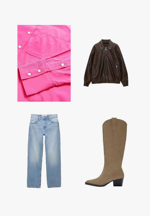 Giubbotto bomber in pelle marrone con collo a camicia, due tasche con zip, vita elastica e finitura testurizzata. Design morbido e casual.; Maglietta a maniche lunghe di un vivace colore rosa brillante con una superficie liscia, dotata di chiusure con bottoni e di una tasca sul petto. Presenta polsini arrotolati con dettagli a bottone.; Jeans in denim azzurro chiaro con design a gamba dritta, stile a cinque tasche e dettagli di cucitura visibili. Il tessuto ha una texture morbida e leggermente scolorita.; Stivali in suede color cammello al ginocchio con punta a punta, tacco impilato e dettaglio di cuciture lungo i lati. Texture liscia e design strutturato.