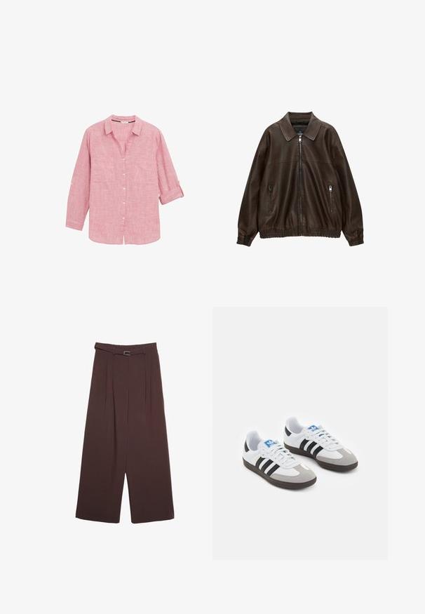 Brun læder bomberjakke med krave, to lynlåslommer, elastisk talje og struktureret overflade. Blød, afslappet design.; Rød ternet skjorte med lange ærmer, knap-krave, to frontlommer og oprullede ærmer, lavet af letvægtsstof.; Stradivarius WIDE-LEG WITH BUCKLE DETAIL  - Bukser - dark brown; Sportsko med en overdel i hvid læder, grå ruskind på tåen og tre sorte striber. Har et blåt logo på tungen og en struktureret gummisål.
