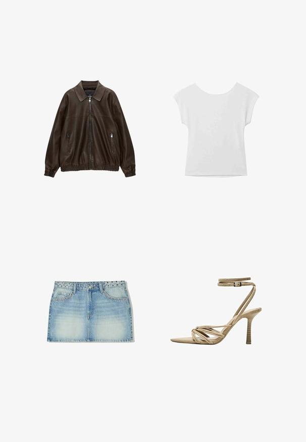 Brameno usnjeno bombersko jopico s ovratnikom, dvema žepoma na zadrgo, elastičnim pasom in teksturirano površino. Mehka, sproščena zasnova.; Bela kratka majica s kratkimi rokavi, okroglim izrezom in sproščenim krojem. Izdelana iz gladkega materiala, z diskretno teksturo in čistimi črtami.; Denim mini krilo v svetlo modri barvi, z okrasnim pasom s konicami, dvema prednjima žepoma in ravnim krojem z zbledelim teksturiranjem.; Bež, antilopne sandale na visoki pet, z izostrenim nosom, zvitimi trakovi in nastavljivim trakom okoli gležnja. Teksturiran pet z vertikalnimi rebrami.