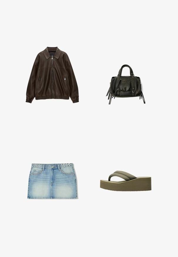 Brameno usnjeno bombersko jopico s ovratnikom, dvema žepoma na zadrgo, elastičnim pasom in teksturirano površino. Mehka, sproščena zasnova.; Bela kratka majica s kratkimi rokavi, okroglim izrezom in sproščenim krojem. Izdelana iz gladkega materiala, z diskretno teksturo in čistimi črtami.; Denim mini krilo v svetlo modri barvi, z okrasnim pasom s konicami, dvema prednjima žepoma in ravnim krojem z zbledelim teksturiranjem.; Olivnozeleni platform flip-flopi s širokim trakama in teksturiranim podplatom, s gladko obdelavo in ukrivljenim dizajnom za udobje.; Črna usnjena torba s pletenimi ročaji, žepom na zadrgo in visečimi resicami. Teksturična površina z kovinskimi okrasnimi studenčki in dodatki iz kovine.