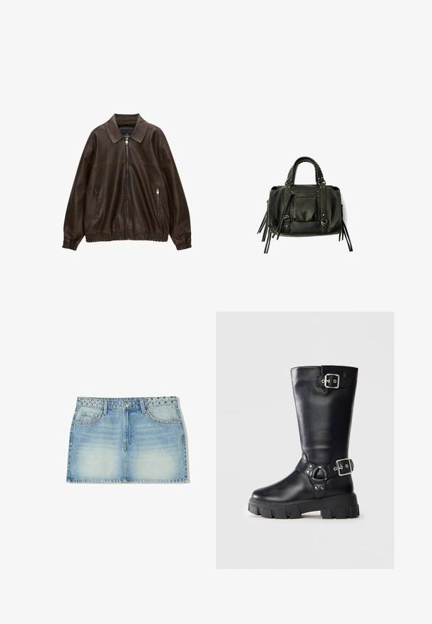 Giubbotto bomber in pelle marrone con collo a camicia, due tasche con zip, vita elastica e finitura testurizzata. Design morbido e casual.; Top bianco a maniche corte con scollatura rotonda e vestibilità comoda. Realizzato in un tessuto liscio, presenta una texture sottile e linee pulite.; Gonna mini in denim blu chiaro, con una vita decorata da borchie, due tasche anteriori e un taglio dritto con una texture scolorita.; Stivale in pelle nero a metà polpaccio con suola spessa e dentata, dotato di due cinturini con fibbie argentate: uno in alto e uno attorno alla caviglia.; Borsa a tracolla in pelle nera con manici intrecciati, tasca con zip e nappine pendenti. Superficie texturizzata con borchie metalliche e dettagli in metallo.