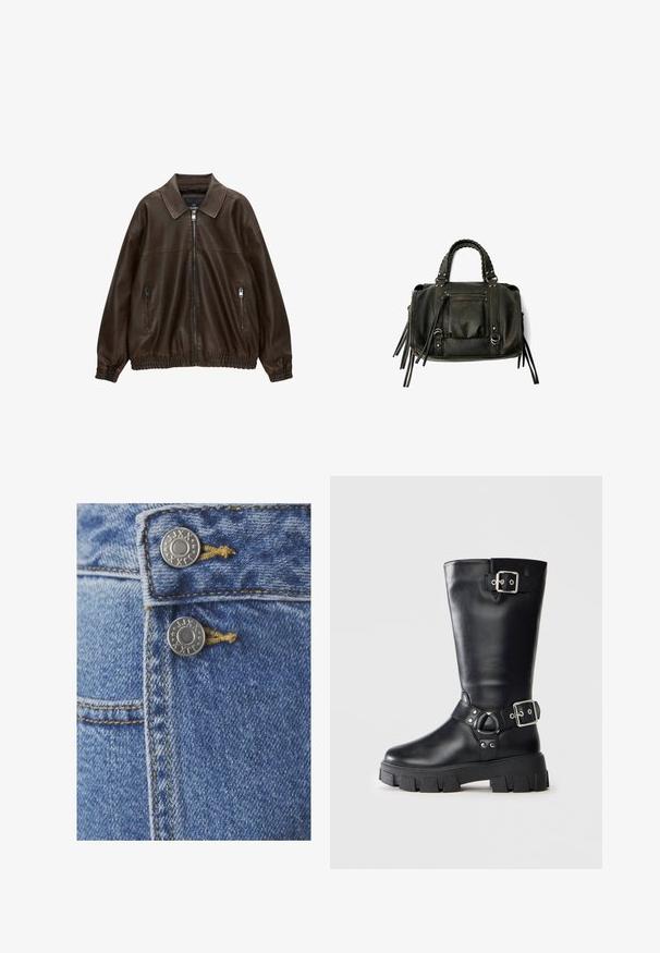 Ruskea nahkainen bomber-takki, jossa on kauluksellinen kaula-aukko, kaksi vetoketjullista taskua, elastinen vyötärö ja tekstuuri viimeistely. Pehmeä, rento muotoilu.; Valkoinen lyhythihainen paita, jossa on pyöreä pääntie ja rento malli. Valmistettu sileästä kankaasta, jossa on hienovarainen rakenne ja siistit linjat.; Siniset farkut, joissa on vyötäröllä kaksi hopeista metallinappia, keltaiset ompeleet ja lähellä kuvattu tekstuurinen kangas.; Mustat nahkaiset saappaat, jotka ulottuvat keskivartalon alueelle, paksulla urasohjalla, kaksilla hopeisilla soljella - yksi ylhäällä ja toinen nilkan ympärillä.; Musta nahkainen käsilaukku letitetuilla kahvoilla, vetoketjullinen tasku ja roikkuvat tupsut. Muotoiltu pinta metallisten niittien ja varusteiden korostuksilla.