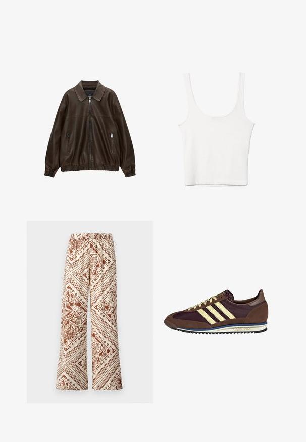 Blouson en cuir marron avec un col, deux poches zippées, une taille élastique et une finition texturée. Design doux et décontracté.; Débardeur en coton blanc avec un décolleté arrondi, sans manches et ajusté. Texture lisse, design uni et détails de couture minimaux.; Pantalons à jambes larges en tissu crème avec un motif floral brun et des designs géométriques, taille élastiquée et texture lisse.; Baskets marron et bordeaux avec des matériaux en daim et en maille, présentant trois rayures crème, un tissu texturé sur la languette et une semelle en caoutchouc.