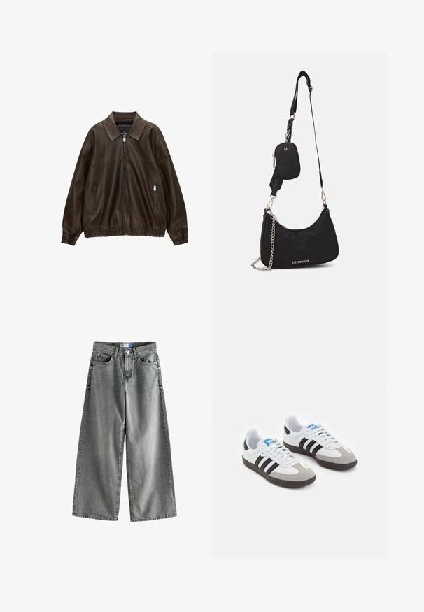 Brun læder bomberjakke med krave, to lynlåslommer, elastisk talje og struktureret overflade. Blød, afslappet design.; To langærmede trøjer: én sort og én hvid. Begge har en rund halsudskæring og en glat, ribbet tekstur. Brandmærket er synligt indeni halsudskæringen.; Bredde ben jeans i en falmet grå denim, med høj talje, fem-lomme design og subtile slidser.; Sportsko med en overdel i hvid læder, grå ruskind på tåen og tre sorte striber. Har et blåt logo på tungen og en struktureret gummisål.; Sort nylon skuldertaske med en buet form, sølvfarvet kædeaccent, aftagelig mini-pung og justerbar rem; prydet med "Steve Madden" logo.