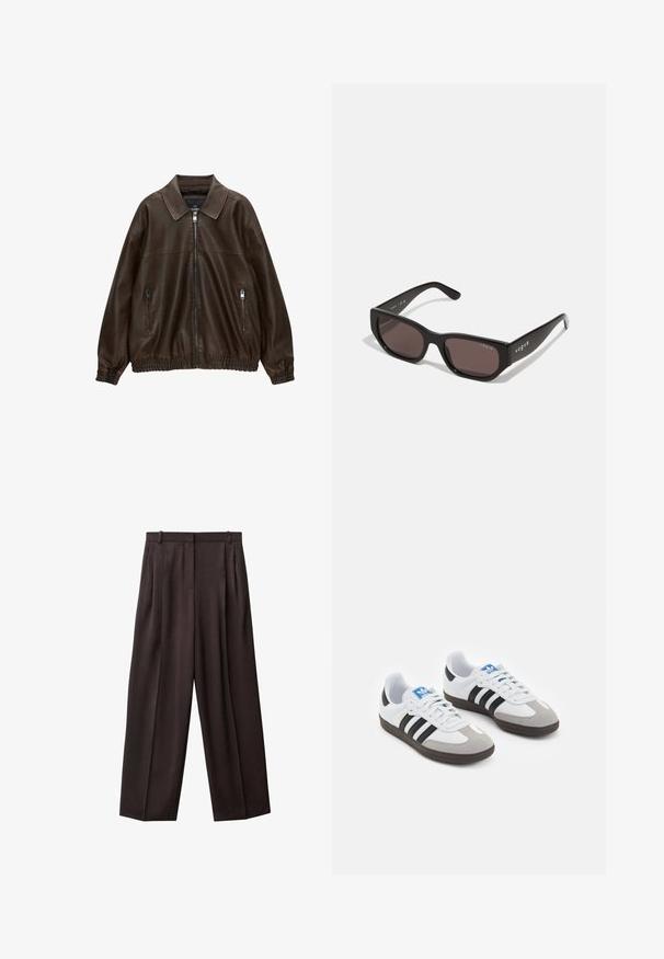 Ruskea nahkainen bomber-takki, jossa on kauluksellinen kaula-aukko, kaksi vetoketjullista taskua, elastinen vyötärö ja tekstuuri viimeistely. Pehmeä, rento muotoilu.; Valkoinen lyhythihainen T-paita, joka on valmistettu puuvillasta. Siinä on pyöreä kaula-aukko, suora helma ja pehmeä, sileä tekstuuri. Ei kuvioita tai grafiikkaa.; Lepotwilini lahkotni hlače iz temno rjave tkanine. Značilnosti vključujejo nabore na sprednji strani, pas z zankami za pas in stranske žepe. Gladka tekstura.; Urheilukengät, joissa on valkoinen nahkainen päällinen, harmaa mokkanokka ja kolme mustaa raitaa. Ominaisuuksina sininen logo kielekkeessä ja kuvioitu kumipohja.; Mustat suorakulmaiset aurinkolasit tummilla linsseillä. Ominaisuuksina sileä muovikehys ja logotieto tempussa. Siisti, moderni muotoilu.