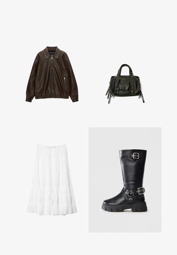 Bruin leren bomberjack met een kraag, twee ritssluitingen, elastische tailleband en een gestructureerde afwerking. Zacht, casual ontwerp.; Zwarte katoenen t-shirt met ronde hals, korte mouwen, relaxed fit en een eenvoudige uitstraling. Geen zichtbare patronen of accenten.; Witte tiered rok met gerimpelde accenten, elastische tailleband, enkel-lang, gemaakt van lichtgewicht stof, gladde textuur, geen zichtbare patronen.; Zwarte leren laarzen tot midden kuit met een dikke profielzool, twee zilveren gespsluitingen - één bovenaan en één rond de enkel.; Zwarte lederen handtas met gevlochten handvatten, ritsvak en hangende franjes. Gelaagde oppervlakte met metalen studs en hardwareaccenten.