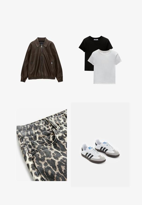 Smešani smeđi kožni bombarder s ovratnikom, dva zatvorena džepa s patentnim zatvaračem, elastičnom strukom i teksturiranom završnom obradom. Meka, ležerna izrada.; Dva majice s okruglim izrezom, u crnoj i bijeloj boji, od pamuka. Imaju kratke rukave i jednobojni dizajn bez uzoraka ili akcenta.; Traperice s uzorkom životinja, s bež i crnim uzorkom, izrađene od denima s teksturiranim završetkom, ukrašene srebrnim hardverom i šavovima.; Sportske cipele s gornjištem od bijele kože, sivi suedinasti nos i tri crne pruge. Imaju plavi logo na jeziku i teksturiranu gumenu podlogu.
