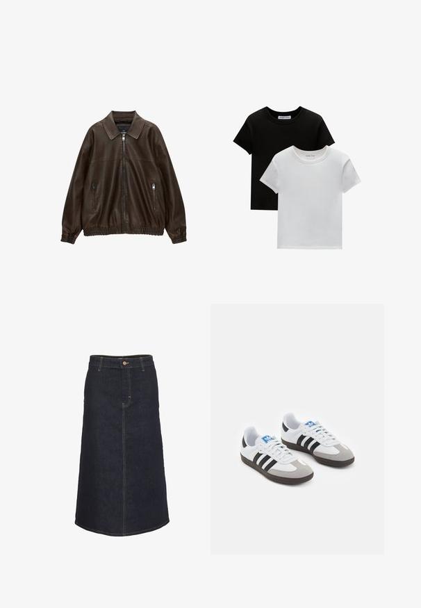 Brameno usnjeno bombersko jopico s ovratnikom, dvema žepoma na zadrgo, elastičnim pasom in teksturirano površino. Mehka, sproščena zasnova.; Dve majice s okruglim izrezom, crne in bele barve, narejene iz bombaža. Imajo kratke rokave in enobarven dizajn brez vzorcev ali dodatkov.; Temno modra midi krila z ravno silhueto, ki ima sprednje zapiranje na gumbe in kontrastni rumeni šiv.; Športni čevlji z belim usnjenim zgornjim delom, sivim semišem na prstih in tremi črnimi črtami. Imajo modro logo na jeziku in teksturiran gumijast podplat.