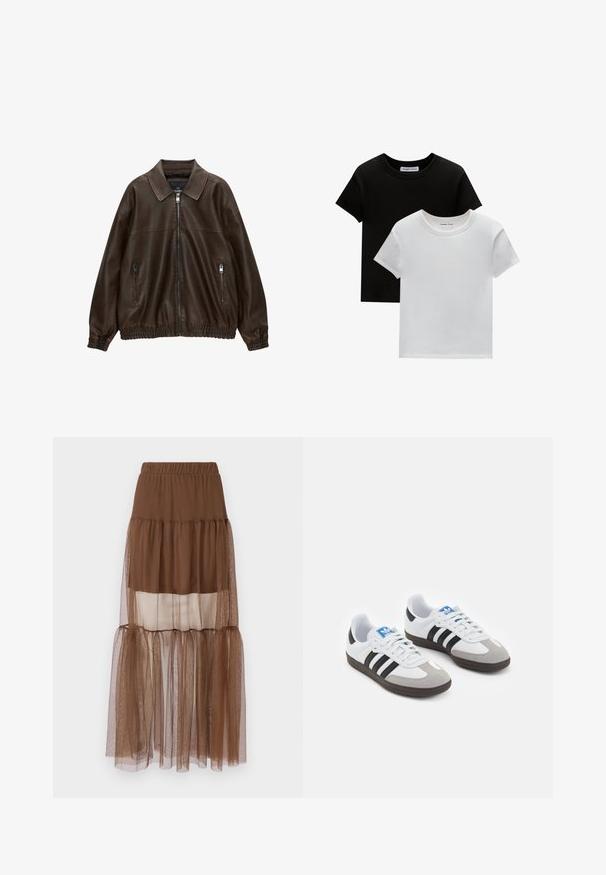 Braune Lederbomberjacke mit kragenartigem Hals, zwei Reißverschlusstaschen, elastischem Bund und strukturiertem Finish. Weiches, lässiges Design.; Zwei T-Shirts mit Rundhalsausschnitt in Schwarz und Weiß, aus Baumwolle. Sie haben kurze Ärmel und einfarbiges Design ohne Muster oder Akzente.; Brauner, schichtweise gestalteter Rock mit elastischem Bund, der eine Mischung aus undurchsichtigen und transparenten Stoffschichten aufweist, was ein weiches, strukturiertes Erscheinungsbild erzeugt.; Sportschuhe mit einem Obermaterial aus weißem Leder, grauer Wildleder-Zehenkappe und drei schwarzen Streifen. Sie verfügen über ein blaues Logo auf der Zunge und eine strukturierte Gummisohle.