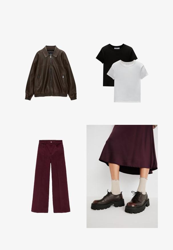 Brun læder bomberjakke med krave, to lynlåslommer, elastisk talje og struktureret overflade. Blød, afslappet design.; To crew-neck t-shirts i sort og hvid, lavet af bomuld. De har korte ærmer og et ensfarvet design uden mønstre eller accenter.; Burgundy bredvid bukser lavet af blødt bomuldsblandingsstof, med lukning foran med knap, to sidelommer og en ren kant.; Brune læder platform sko med tykke sorte såler, parret med ribbet beige strømper med bølgede kanter, mod en afdæmpet baggrund.
