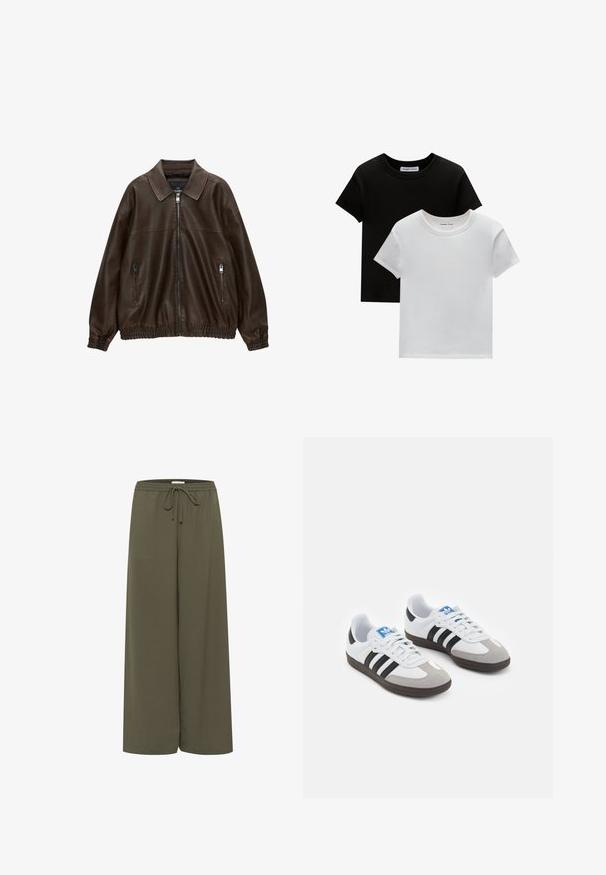 Braune Lederbomberjacke mit kragenartigem Hals, zwei Reißverschlusstaschen, elastischem Bund und strukturiertem Finish. Weiches, lässiges Design.; Zwei T-Shirts mit Rundhalsausschnitt in Schwarz und Weiß, aus Baumwolle. Sie haben kurze Ärmel und einfarbiges Design ohne Muster oder Akzente.; Olivgrüne Schlaghose aus einem weichen Material, mit elastischem Bund, verstellbarem Kordelzug und ohne auffällige Muster oder Akzente.; Sportschuhe mit einem Obermaterial aus weißem Leder, grauer Wildleder-Zehenkappe und drei schwarzen Streifen. Sie verfügen über ein blaues Logo auf der Zunge und eine strukturierte Gummisohle.