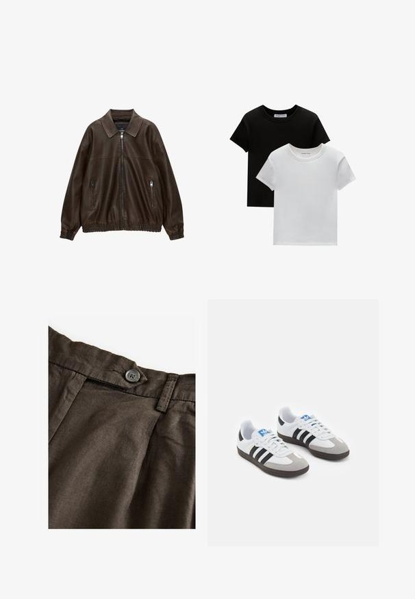 Brun läderbomberjacka med krage, två dragkedjefickor, elastisk midja och texturerad finish. Mjuk, avslappnad design.; Två crew-neck t-shirts i svart och vitt, tillverkade av bomull. De har korta ärmar och ett enfärgat mönster utan mönster eller accentuerade detaljer.; Bruna linbyxor med knappstängning, veck framtill och en texturerad tyg. Midjan är strukturerad med synlig sömnad.; Sportskor med överdel i vit läder, grå mocka på tårna och tre svarta ränder. Har en blå logotyp på tungan och en texturerad gummisula.