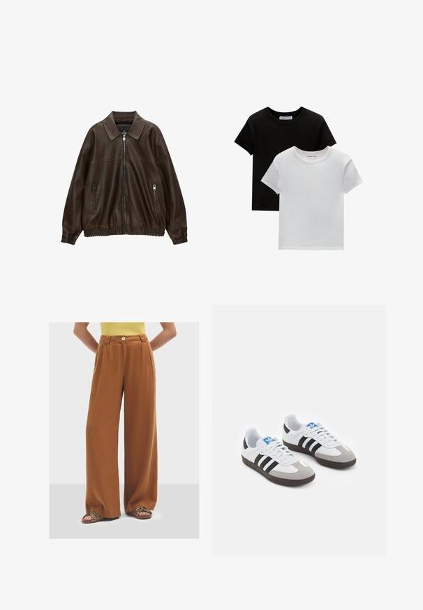 Bruin leren bomberjack met een kraag, twee ritssluitingen, elastische tailleband en een gestructureerde afwerking. Zacht, casual ontwerp.; Twee crew-neck t-shirts in zwart en wit, gemaakt van katoen. Ze hebben korte mouwen en een effen kleurontwerp zonder patronen of accenten.; Bruine broek met wijde pijpen van zachte stof, voorzien van een enkele knoopsluiting en plooien aan de voorkant. Gepaard met gestreepte sandalen.; Sportschoenen met een witte leren bovenkant, grijze suède neus en drie zwarte strepen. Bevat een blauw logo op de tong en een gestructureerde rubberen zool.