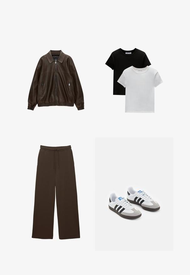 Brązowa skórzana kurtka pilotka z kołnierzowym dekoltem, dwoma zapinanymi na zamek kieszeniami, elastycznym pasem i teksturowanym wykończeniem. Miękki, swobodny design.; Dwie koszulki z okrągłym dekoltem w kolorze czarnym i białym, wykonane z bawełny. Posiadają krótkie rękawy i jednolity kolor bez wzorów czy akcentów.; Brązowe spodnie o szerokich nogawkach wykonane z miękkiego materiału, z elastycznym pasem i sznurkiem do regulacji dopasowania.; Buty sportowe z białą skórzaną cholewką, szarym zamszowym noskiem i trzema czarnymi paskami. Posiadają niebieskie logo na języku oraz teksturowaną gumową podeszwę.