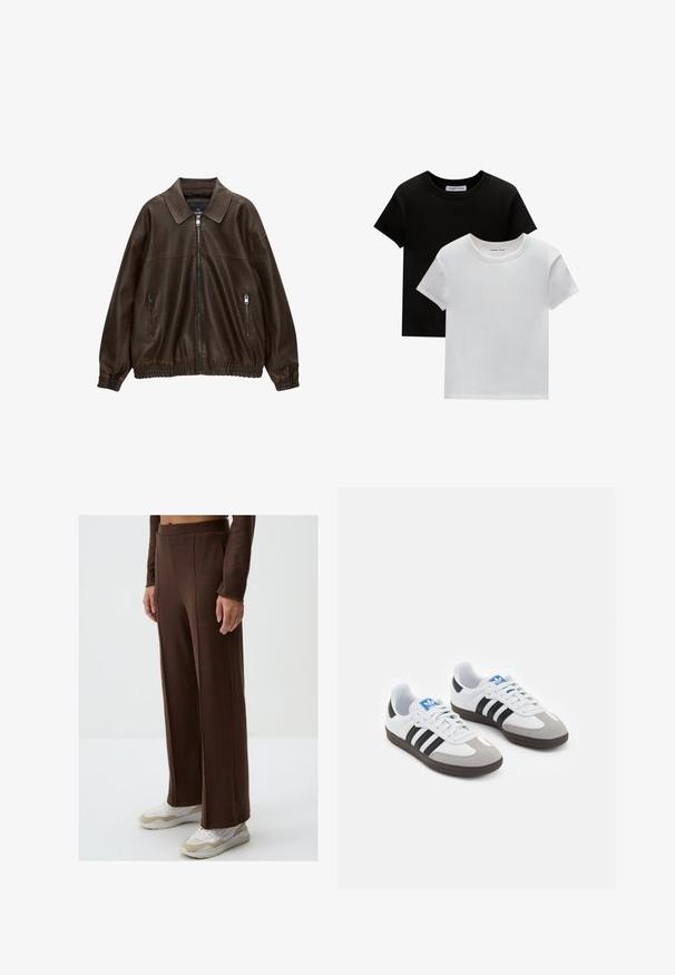 Brązowa skórzana kurtka pilotka z kołnierzowym dekoltem, dwoma zapinanymi na zamek kieszeniami, elastycznym pasem i teksturowanym wykończeniem. Miękki, swobodny design.; Dwie koszulki z okrągłym dekoltem w kolorze czarnym i białym, wykonane z bawełny. Posiadają krótkie rękawy i jednolity kolor bez wzorów czy akcentów.; Brązowe, szerokie spodnie wykonane z teksturowanej tkaniny, z wysokim pasem i bocznymi rozcięciami, zestawione z białymi i beżowymi sneakersami.; Buty sportowe z białą skórzaną cholewką, szarym zamszowym noskiem i trzema czarnymi paskami. Posiadają niebieskie logo na języku oraz teksturowaną gumową podeszwę.