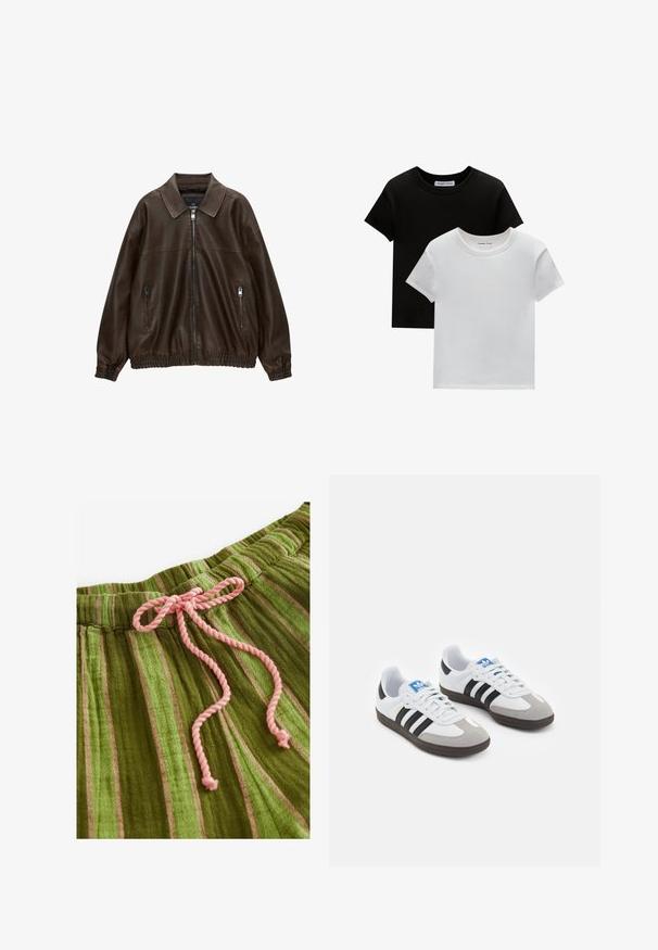 Brameno usnjeno bombersko jopico s ovratnikom, dvema žepoma na zadrgo, elastičnim pasom in teksturirano površino. Mehka, sproščena zasnova.; Dve majice s okruglim izrezom, crne in bele barve, narejene iz bombaža. Imajo kratke rokave in enobarven dizajn brez vzorcev ali dodatkov.; Zeleno prugasta tkanina meke teksture z rožnatim vezanjem. Ima navpične črte različnih odtenkov in nabrano pasnico.; Športni čevlji z belim usnjenim zgornjim delom, sivim semišem na prstih in tremi črnimi črtami. Imajo modro logo na jeziku in teksturiran gumijast podplat.