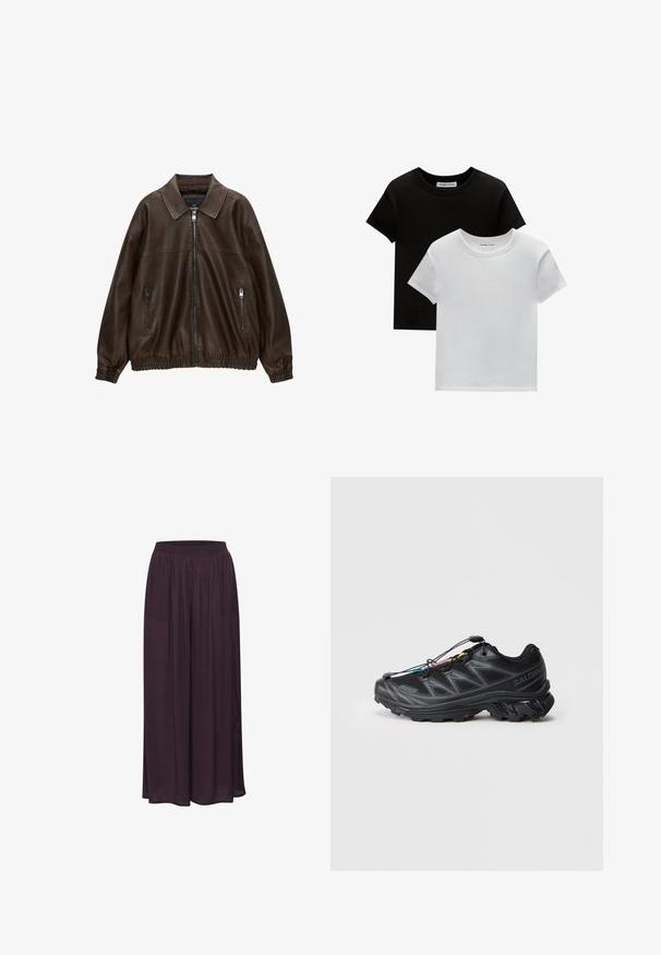 Ruskea nahkainen bomber-takki, jossa on kauluksellinen kaula-aukko, kaksi vetoketjullista taskua, elastinen vyötärö ja tekstuuri viimeistely. Pehmeä, rento muotoilu.; Kaksi crew-neck t-paitaa mustana ja valkoisena, valmistettu puuvillasta. Ne sisältävät lyhyet hihat ja yksivärisen muotoilun ilman kuvioita tai korostuksia.; Housut, joissa on leveät lahkeet ja kevyttä, tummanpunaista kangasta. Varustettu joustavalla vyötärönauhalla ja virtaavalla muotoilulla, jolla on sileä rakenne.; Musta urheilukengä, jossa on teksturoitu verkkopinta, vahvistettu kärki ja nopea nauhakiinnitys. Ominaisuuksiin kuuluu kestävä pohja ja vähäinen kantakorkeus.