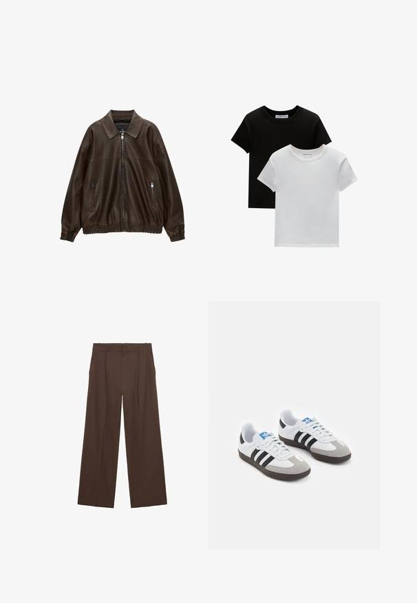 Ruskea nahkainen bomber-takki, jossa on kauluksellinen kaula-aukko, kaksi vetoketjullista taskua, elastinen vyötärö ja tekstuuri viimeistely. Pehmeä, rento muotoilu.; Kaksi crew-neck t-paitaa mustana ja valkoisena, valmistettu puuvillasta. Ne sisältävät lyhyet hihat ja yksivärisen muotoilun ilman kuvioita tai korostuksia.; Ruskeat leveälahkeiset housut, jotka on valmistettu sileästä kankaasta. Niissä on korkea vyötärö, etusilkkukkeet ja kaksi sivutaskua.; Urheilukengät, joissa on valkoinen nahkainen päällinen, harmaa mokkanokka ja kolme mustaa raitaa. Ominaisuuksina sininen logo kielekkeessä ja kuvioitu kumipohja.