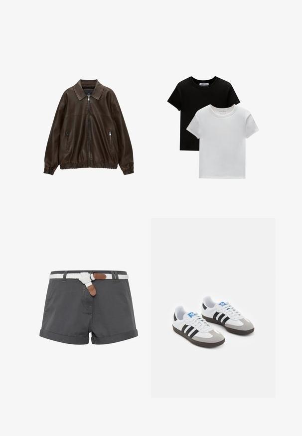 Brun läderbomberjacka med krage, två dragkedjefickor, elastisk midja och texturerad finish. Mjuk, avslappnad design.; Två crew-neck t-shirts i svart och vitt, tillverkade av bomull. De har korta ärmar och ett enfärgat mönster utan mönster eller accentuerade detaljer.; Grå bomullsshorts med rullade fållar, med ett vitt flätat bälte och bruna läderdetaljer. Stygndetaljer synliga på tyget.; Sportskor med överdel i vit läder, grå mocka på tårna och tre svarta ränder. Har en blå logotyp på tungan och en texturerad gummisula.
