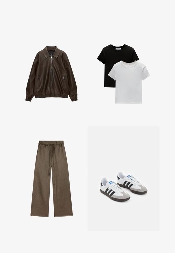 Bruin leren bomberjack met een kraag, twee ritssluitingen, elastische tailleband en een gestructureerde afwerking. Zacht, casual ontwerp.; Twee crew-neck t-shirts in zwart en wit, gemaakt van katoen. Ze hebben korte mouwen en een effen kleurontwerp zonder patronen of accenten.; Wijdvallende broeken in olijfgroen, gemaakt van een zachte, gestructureerde stof. Voorzien van een elastische tailleband met een trekkoord en zijzakken.; Sportschoenen met een witte leren bovenkant, grijze suède neus en drie zwarte strepen. Bevat een blauw logo op de tong en een gestructureerde rubberen zool.