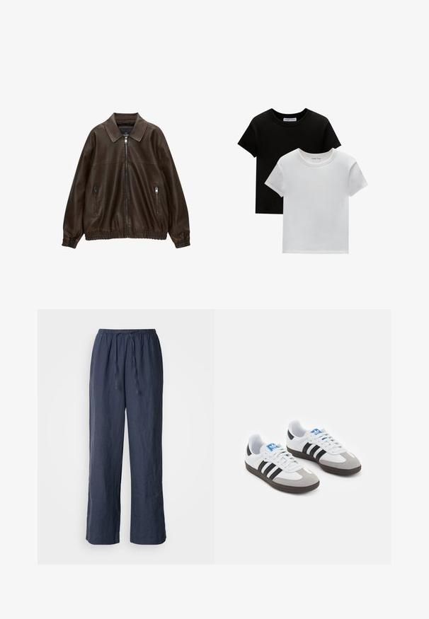 Hnědá kožená bomber bunda s límečkem, dvěma zipovými kapsami, elastickým pasem a texturovaným povrchem. Měkký, ležérní design.; Dvě trička s kulatým výstřihem v černé a bílé barvě, vyrobená z bavlny. Mají krátké rukávy a jednobarevný design bez vzorů nebo akcentů.; Námořnické modré lněné kalhoty se strečovým pasem, stahovací šňůrkou, širokým střihem a texturovaným povrchem.; Sportovní boty s bílým koženým svrškem, šedou semišovou špičkou a třemi černými pruhy. Obsahují modré logo na jazyku a texturovanou gumovou podrážku.