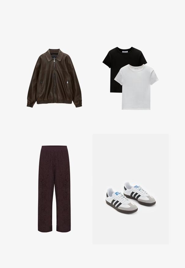 Ruskea nahkainen bomber-takki, jossa on kauluksellinen kaula-aukko, kaksi vetoketjullista taskua, elastinen vyötärö ja tekstuuri viimeistely. Pehmeä, rento muotoilu.; Kaksi crew-neck t-paitaa mustana ja valkoisena, valmistettu puuvillasta. Ne sisältävät lyhyet hihat ja yksivärisen muotoilun ilman kuvioita tai korostuksia.; Kaffe KANOMI - Housut - fudge; Urheilukengät, joissa on valkoinen nahkainen päällinen, harmaa mokkanokka ja kolme mustaa raitaa. Ominaisuuksina sininen logo kielekkeessä ja kuvioitu kumipohja.