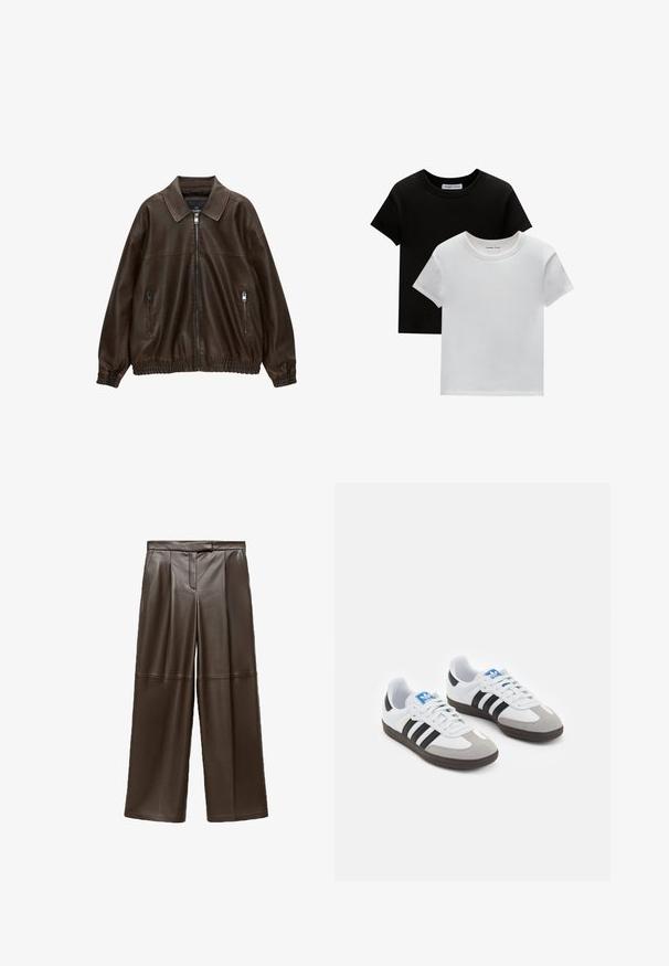 Braune Lederbomberjacke mit kragenartigem Hals, zwei Reißverschlusstaschen, elastischem Bund und strukturiertem Finish. Weiches, lässiges Design.; Zwei T-Shirts mit Rundhalsausschnitt in Schwarz und Weiß, aus Baumwolle. Sie haben kurze Ärmel und einfarbiges Design ohne Muster oder Akzente.; Braune Leder-Hosen mit weitem Bein in glatter Textur, die an der Vorderseite Falten und ein klassisches Taillenbund-Design aufweisen.; Sportschuhe mit einem Obermaterial aus weißem Leder, grauer Wildleder-Zehenkappe und drei schwarzen Streifen. Sie verfügen über ein blaues Logo auf der Zunge und eine strukturierte Gummisohle.