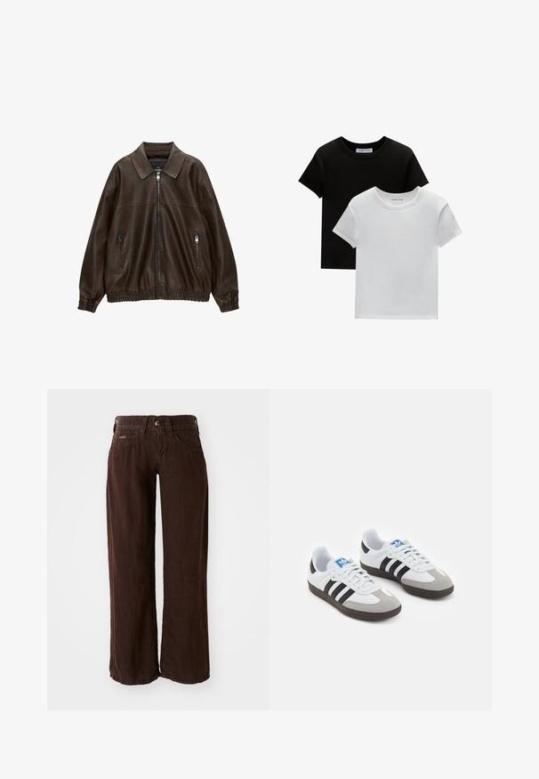 Smešani smeđi kožni bombarder s ovratnikom, dva zatvorena džepa s patentnim zatvaračem, elastičnom strukom i teksturiranom završnom obradom. Meka, ležerna izrada.; Dva majice s okruglim izrezom, u crnoj i bijeloj boji, od pamuka. Imaju kratke rukave i jednobojni dizajn bez uzoraka ili akcenta.; BDG Urban Outfitters BDG KAYLA LOWRIDER LINEN PANTS - Hlače - chocolate; Sportske cipele s gornjištem od bijele kože, sivi suedinasti nos i tri crne pruge. Imaju plavi logo na jeziku i teksturiranu gumenu podlogu.