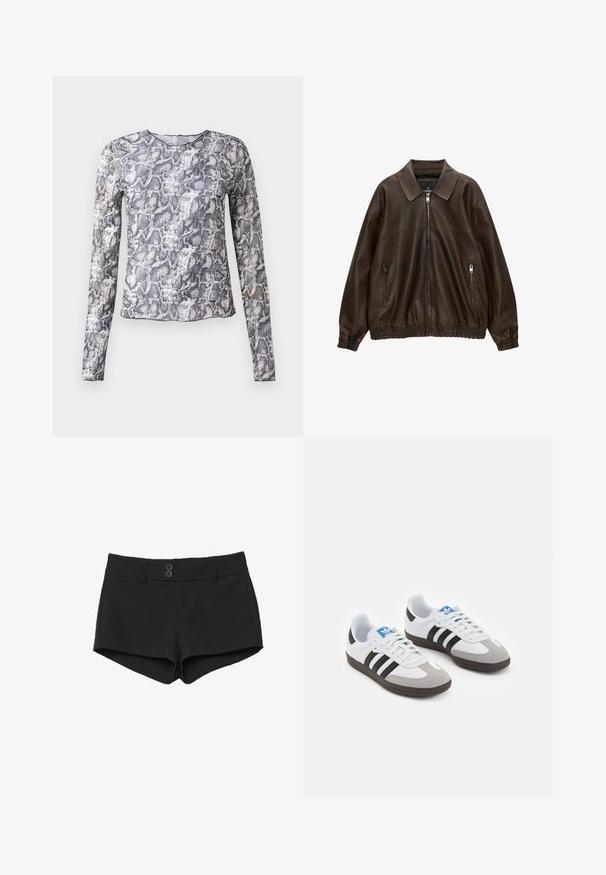 Brown leather bomber jacket with a collared neckline, two zippered pockets, elastic waistband, and textured finish. Soft, casual design.; Long-sleeve top in a snake print pattern, featuring shades of gray and white. Made from a smooth, lightweight fabric with a round neckline.; Black shorts made of fabric with a smooth texture. Features a waistband, two front pockets, and two black button closures at the front.; Sport shoes with a white leather upper, gray suede toe, and three black stripes. Features a blue logo on the tongue and a textured rubber sole.