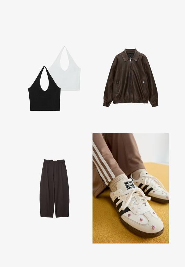 Braune Lederbomberjacke mit kragenartigem Hals, zwei Reißverschlusstaschen, elastischem Bund und strukturiertem Finish. Weiches, lässiges Design.; Zwei Halftertops in Schwarz und Weiß. Das schwarze Top hat einen tiefen Ausschnitt, während das weiße Top ein ähnliches Design hat. Beide sind aus weichem Stoff gefertigt.; Schwarze weit geschnittene Hosen aus einem glatten Stoff, mit hoher Taille, Frontfalten und Seitentaschen. Schlichtes Design ohne Verzierungen.; Weiße Leder-Sneaker mit drei schwarzen Streifen und floralem Stickereien in Lila und Gelb. Braune Gummisohle. Kombiniert mit beigen gerippten Socken.