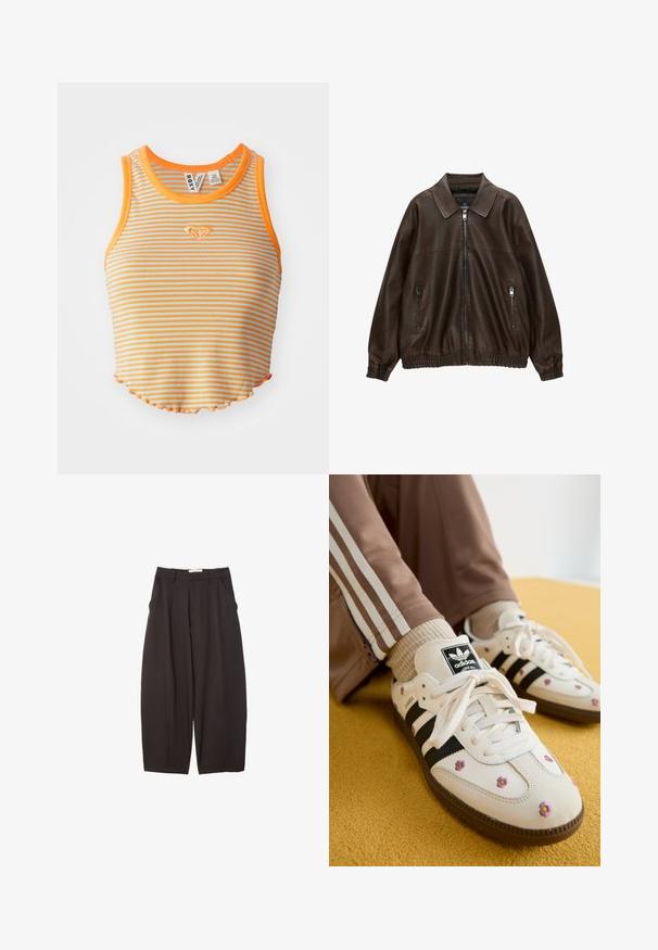 Giubbotto bomber in pelle marrone con collo a camicia, due tasche con zip, vita elastica e finitura testurizzata. Design morbido e casual.; Top corto a righe in arancione e azzurro chiaro, con texture a coste, scollatura tonda e orlo ondulato. Piccolo logo a forma di diamante ricamato sul davanti.; Pantaloni neri a gamba larga realizzati in un tessuto morbido, con vita alta, pieghe frontali e tasche laterali. Design semplice senza decorazioni.; Sneakers bianchi in pelle con tre strisce nere e ricami floreali in viola e giallo. Suola in gomma marrone. Abbinati a calze a coste beige.