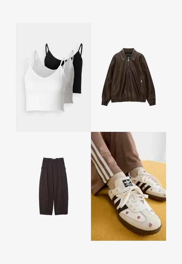 Smešani smeđi kožni bombarder s ovratnikom, dva zatvorena džepa s patentnim zatvaračem, elastičnom strukom i teksturiranom završnom obradom. Meka, ležerna izrada.; Even&Odd 3 PACK - Top - black/white/grey; Crne široke hlače napravljene od glatke tkanine, s visokim strukom, prednjim nabranjima i bočnim džepovima. Jednostavan dizajn bez ukrasa.; Bijele kožne tenisice s tri crne pruge i cvjetnim vezom u ljubičastoj i žutoj boji. Smeđi gumeni potplat. Uparene s bež rebrastim čarapama.