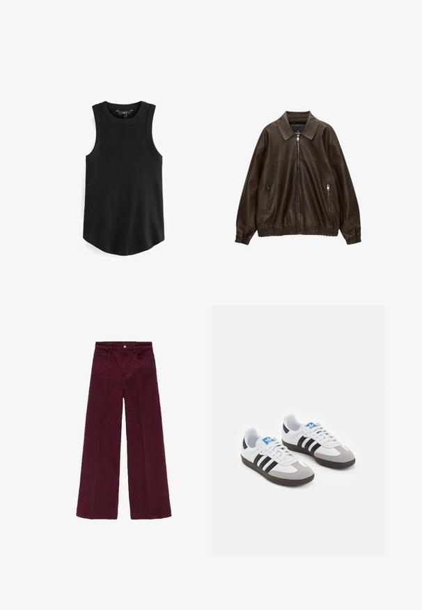 Braune Lederbomberjacke mit kragenartigem Hals, zwei Reißverschlusstaschen, elastischem Bund und strukturiertem Finish. Weiches, lässiges Design.; Schwarzes ärmelloses Tanktop mit gerippter Textur, rundem Ausschnitt und geschwungenem Saum. Der Stoff wirkt glatt und dehnbar. Markenlabel innen sichtbar.; Burgunderfarbene weite Hosen aus weichem Baumwollmischgewebe, mit einem Knopfverschluss vorne, zwei Seitentaschen und einem sauberen Saum.; Sportschuhe mit einem Obermaterial aus weißem Leder, grauer Wildleder-Zehenkappe und drei schwarzen Streifen. Sie verfügen über ein blaues Logo auf der Zunge und eine strukturierte Gummisohle.