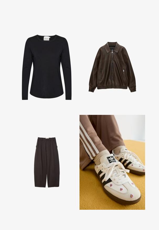 Brown leather bomber jacket with a collared neckline, two zippered pockets, elastic waistband, and textured finish. Soft, casual design.; Black long-sleeve shirt made of smooth fabric, featuring a round neckline and slight curvature at the hem, with minimal stitching details.; Black wide-leg trousers made from a smooth fabric, featuring a high waist, front pleats, and side pockets. Simple design without embellishments.; White leather sneakers with three black stripes and floral embroidery in purple and yellow. Brown rubber sole. Paired with beige ribbed socks.