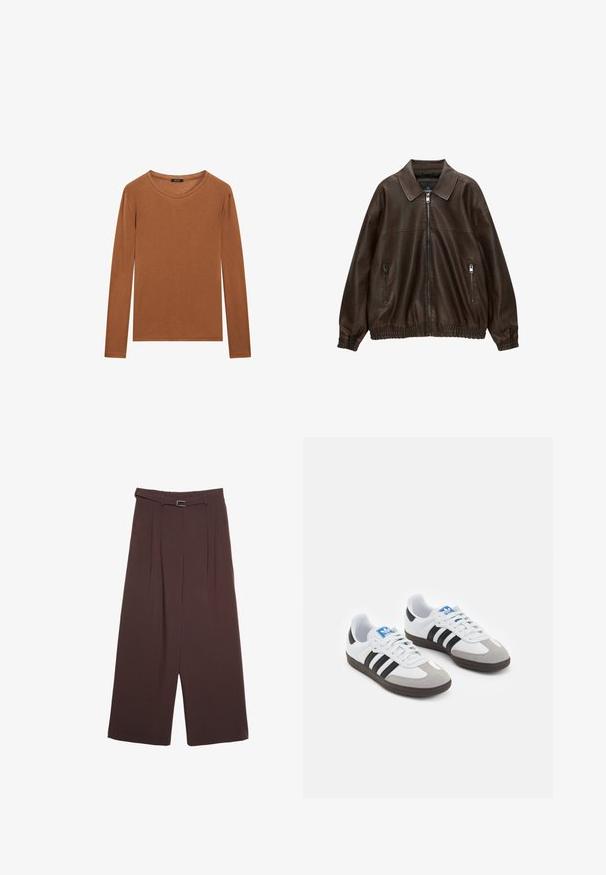 Braune Lederbomberjacke mit kragenartigem Hals, zwei Reißverschlusstaschen, elastischem Bund und strukturiertem Finish. Weiches, lässiges Design.; Massimo Dutti WITH NECKLINE DETAIL - Langarmshirt - ochre; Stradivarius WIDE-LEG WITH BUCKLE DETAIL - Stoffhose - dark brown; Sportschuhe mit einem Obermaterial aus weißem Leder, grauer Wildleder-Zehenkappe und drei schwarzen Streifen. Sie verfügen über ein blaues Logo auf der Zunge und eine strukturierte Gummisohle.