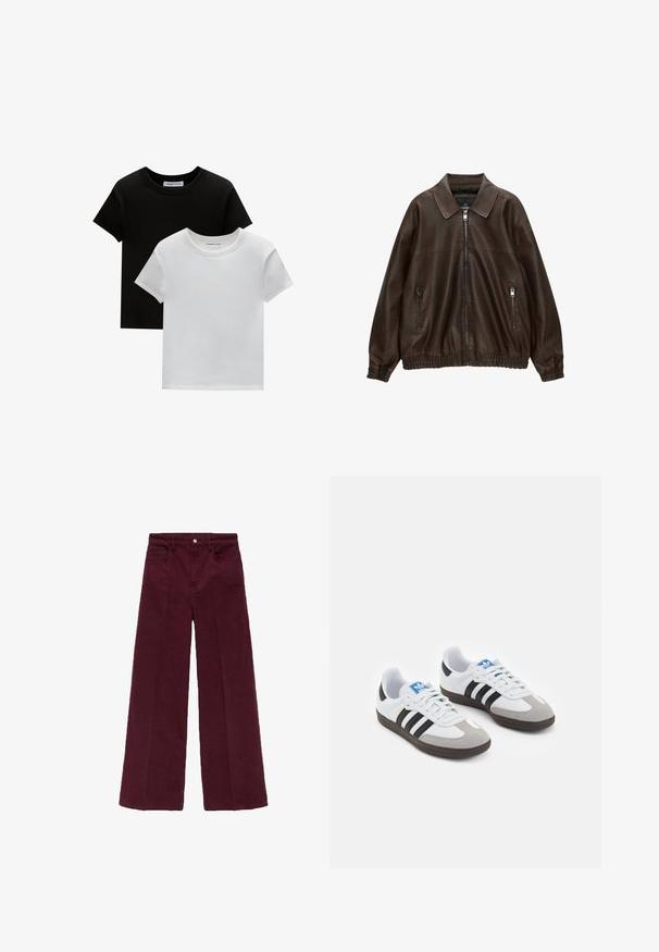 Braune Lederbomberjacke mit kragenartigem Hals, zwei Reißverschlusstaschen, elastischem Bund und strukturiertem Finish. Weiches, lässiges Design.; Zwei T-Shirts mit Rundhalsausschnitt in Schwarz und Weiß, aus Baumwolle. Sie haben kurze Ärmel und einfarbiges Design ohne Muster oder Akzente.; Burgunderfarbene weite Hosen aus weichem Baumwollmischgewebe, mit einem Knopfverschluss vorne, zwei Seitentaschen und einem sauberen Saum.; Sportschuhe mit einem Obermaterial aus weißem Leder, grauer Wildleder-Zehenkappe und drei schwarzen Streifen. Sie verfügen über ein blaues Logo auf der Zunge und eine strukturierte Gummisohle.