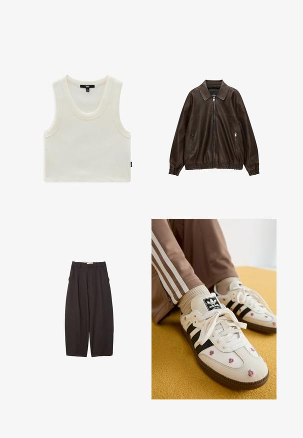 Bruin leren bomberjack met een kraag, twee ritssluitingen, elastische tailleband en een gestructureerde afwerking. Zacht, casual ontwerp.; Witte geribbelde tanktop met een brede halslijn en armsgaten. Bevat een merklabel dat zichtbaar is bij de hals en een zijlabel met de merknaam.; Zwarte wijde broek gemaakt van een gladde stof, met een hoge taille, voorplooien en zijzakken. Eenvoudig ontwerp zonder versieringen.; Witte leren sneakers met drie zwarte strepen en bloemenborduurwerk in paars en geel. Bruine rubberen zool. Gecombineerd met beige geribde sokken.