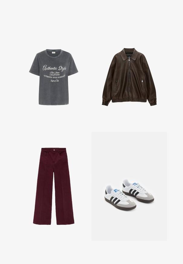 Braune Lederbomberjacke mit kragenartigem Hals, zwei Reißverschlusstaschen, elastischem Bund und strukturiertem Finish. Weiches, lässiges Design.; Kaffe VIA - T-Shirt print - black acid wash w chalk aop; Burgunderfarbene weite Hosen aus weichem Baumwollmischgewebe, mit einem Knopfverschluss vorne, zwei Seitentaschen und einem sauberen Saum.; Sportschuhe mit einem Obermaterial aus weißem Leder, grauer Wildleder-Zehenkappe und drei schwarzen Streifen. Sie verfügen über ein blaues Logo auf der Zunge und eine strukturierte Gummisohle.