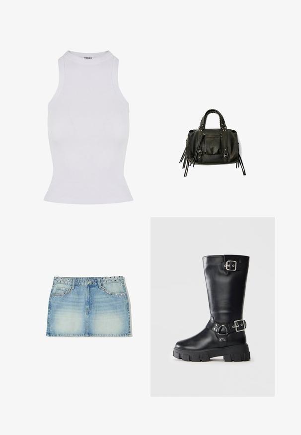 Barna bőr bombázó dzseki, galléros nyakkivágással, két cipzáras zsebbel, rugalmas derékpánttal és texturált felülettel. Puha, időtlen kialakítás.; Fehér bordázott ujjatlan felső, magas nyakkal, testhezálló fazonnal és enyhén bővülő szegéllyel, rugalmas anyagból készült.; Világoskék farmer mini szoknya, szegecsekkel díszített derékkal, két elülső zsebbel és egyenes fazonnal, elhalványult textúrával.; Fekete, középig érő bőrcipő, vastag talppal, két ezüst csattal – az egyik a tetején, a másik a bokán.; Fekete bőrtáska fonott füllel, cipzáras zsebbel és lógó bojtokkal. Texturált felület fém szegecsekkel és hardver díszítésekkel.