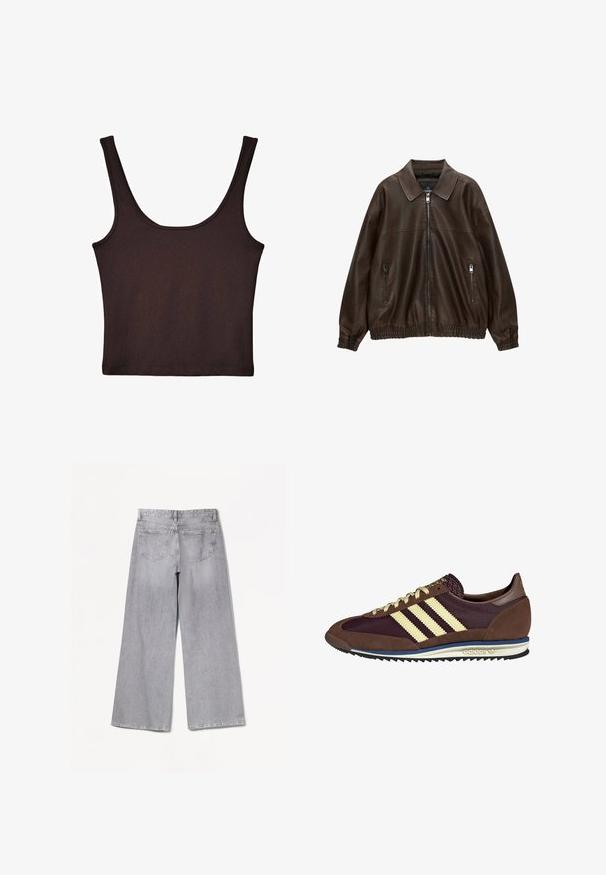 Braune Lederbomberjacke mit kragenartigem Hals, zwei Reißverschlusstaschen, elastischem Bund und strukturiertem Finish. Weiches, lässiges Design.; Dunkelbraunes, geripptes Tanktop mit breiten Schulterträgern und enger Passform. Der Stoff ist weich mit einer glatten Textur und hat eine cropped Länge.; Bershka WIDE-LEG - Wide Leg - grey; Braune und burgunderfarbene Sneaker aus Wildleder und Mesh-Materialien, mit drei cremefarbenen Streifen, strukturiertem Stoff an der Zunge und einer Gummisohle.